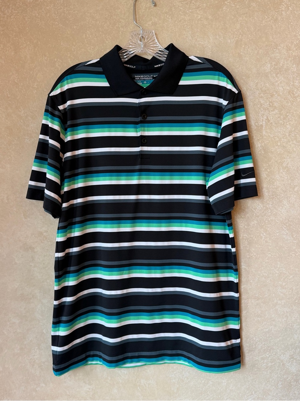 Nike Shirt Mens Extra Medium Black Green Polo Short Sleeve Golf Dri Fit Striped